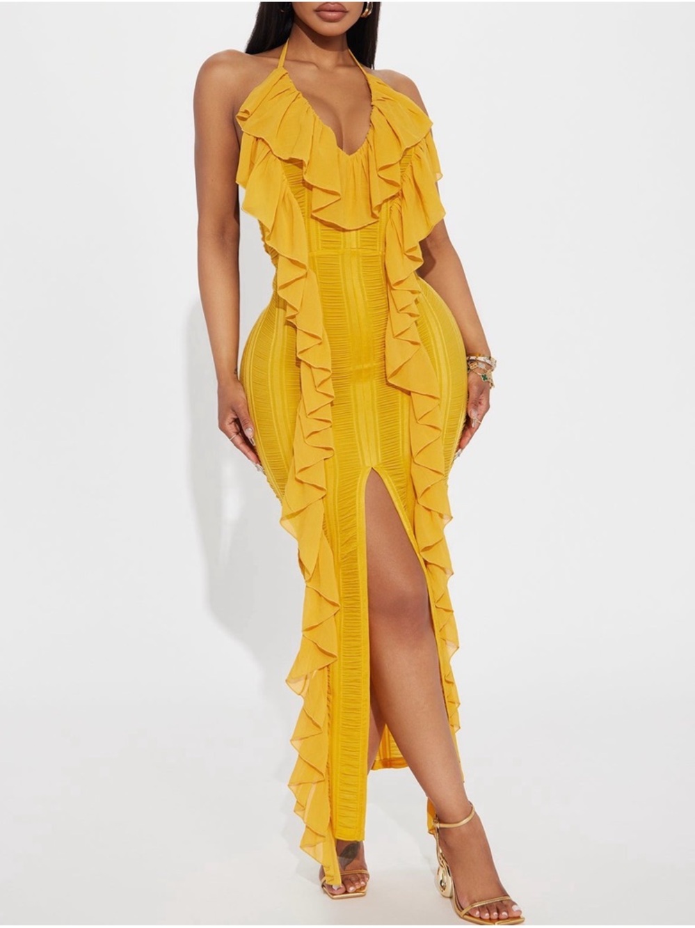 Ruffled Halter Midi Dress in Mustard Yellow